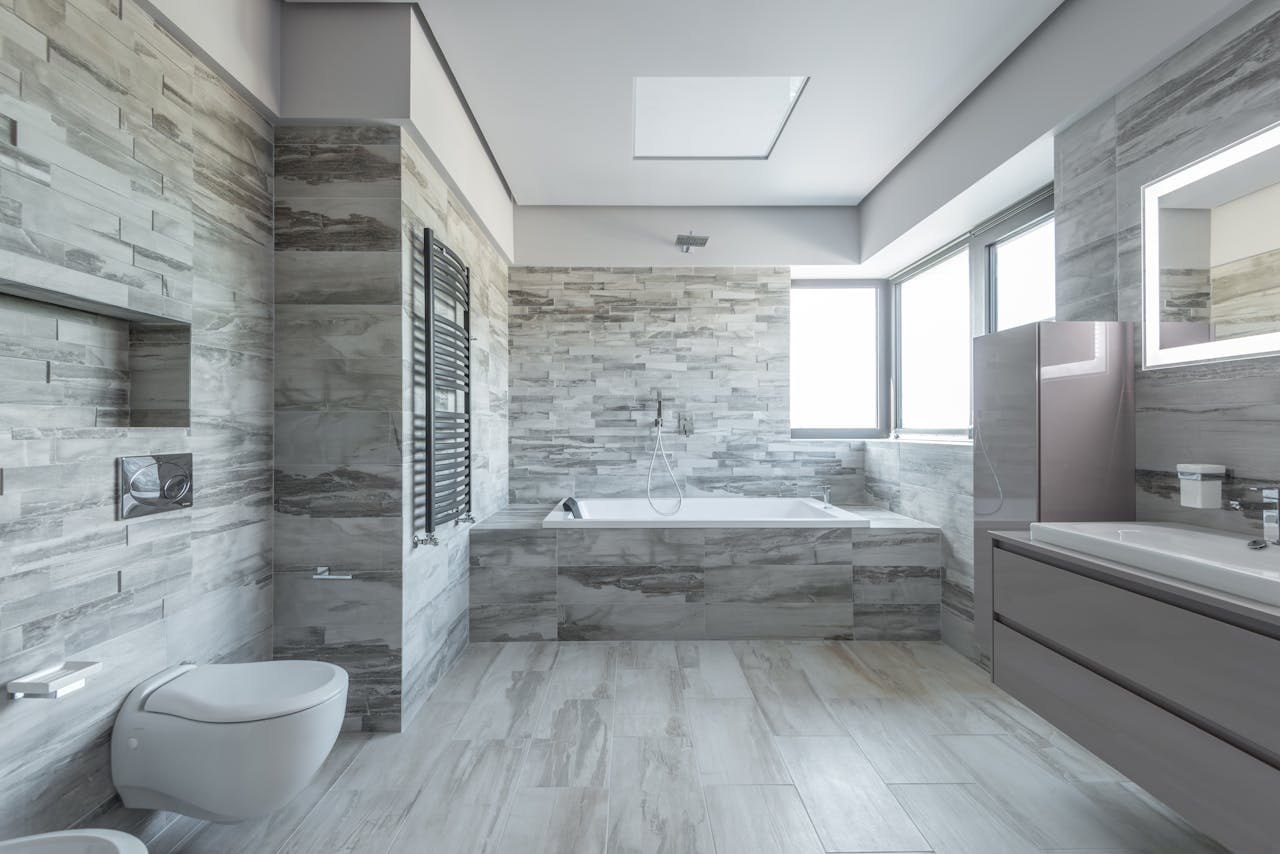 Gray and White Tiled Bathroom